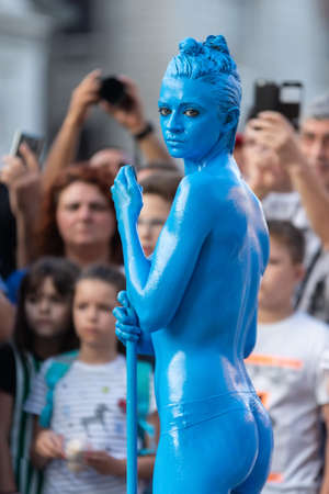 Bucharest, Romania - July13, 2018 Show of the Colored People from France, B-Fit International Street Theater Festival, historic centerのeditorial素材