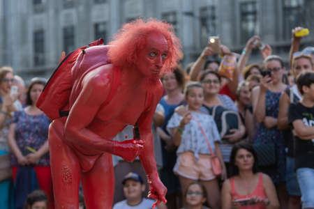 Bucharest, Romania - July13, 2018 Show of the Colored People from France, B-Fit International Street Theater Festival, historic centerのeditorial素材