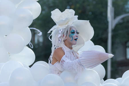Bucharest, Romania - July13, 2018 Show of the White World performers from France, B-Fit International Street Theater Festival, historic centerのeditorial素材