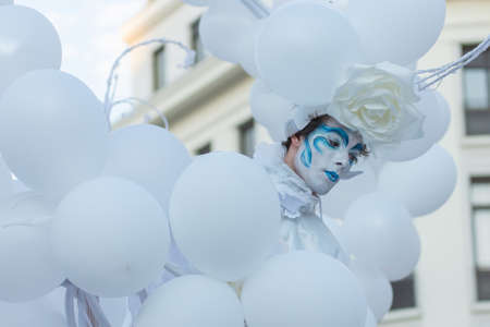 Bucharest, Romania - July13, 2018 Show of the White World performers from France, B-Fit International Street Theater Festival, historic centerのeditorial素材