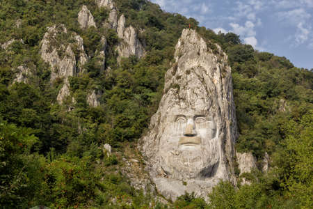 Decebal Head sculpted in rock, carved in the mountains, Eselnita, Danube Gorges (Cazanele Dunarii) ,Iron Gates Natural Park, Romaniaのeditorial素材
