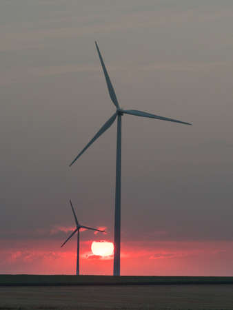 Wind turbines silhouettes in the setting sun, Dobrogea, Romania
