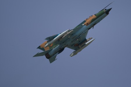 BUCHAREST, ROMANIA - JULY 17: Jet Fighters perform during the airshow on July 17, 2010 on Henri Coanda airport, Bucharest, Romania.のeditorial素材