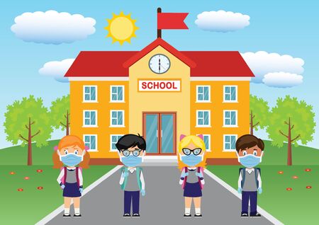 Vector Pupils wearing masks and gloves and school buildingのイラスト素材