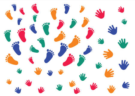 Children handprints and footprints. Colorful handprints and footprints isolated on white backgroundのイラスト素材