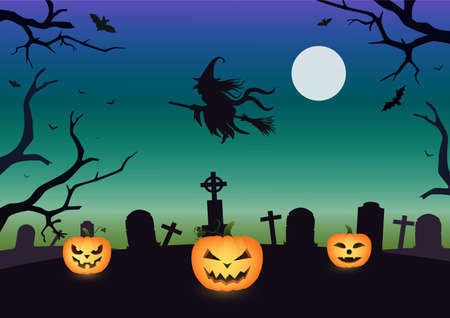 Halloween background  with full moon, witch, cemetery, graves, pumpkin and bats.のイラスト素材