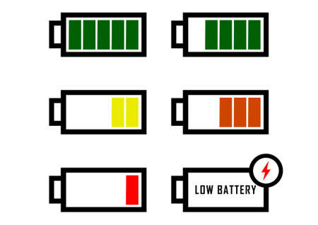 Battery charge design. Full charging power. Accumulator indicator. Full to low battery iconのイラスト素材