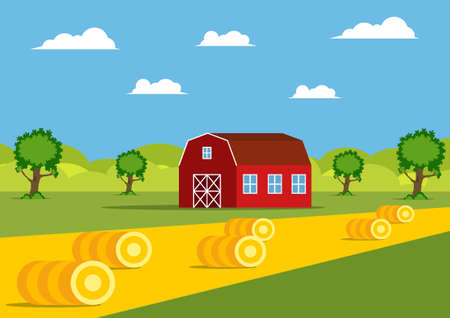 Farm building vector.Vector illustration of a barn and haystacksのイラスト素材