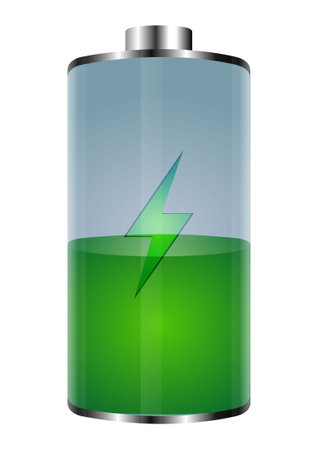 Vector Green battery, half charged. 3D realistic power battery illustration on white background