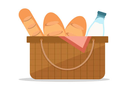 Vector basket with bread and milk bottle isolated on a white backgroundのイラスト素材