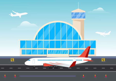 Airport buildings and planes on the runway. Airplane planning in airport building of airport runway skyline illustrationのイラスト素材