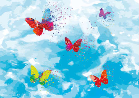 Dispersing painted butterflies. Blue Abstract painting, painted butterfliesのイラスト素材