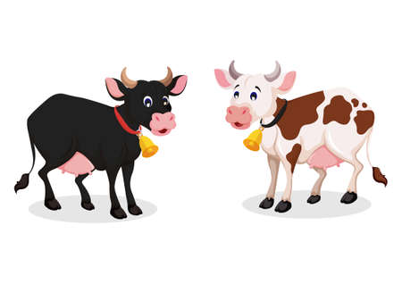 Two different colored cows isolated on white background. Cartoon Cow vector illustration. Farm animalのイラスト素材