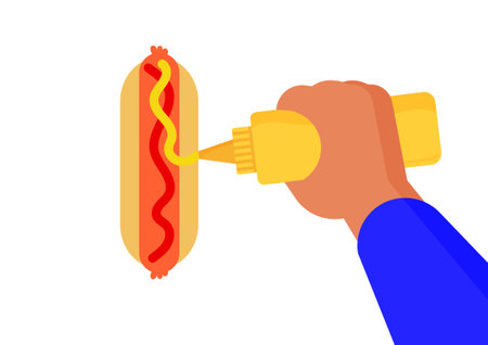 Delicious fast food with sausage, bread, mustard and ketchup. Mustard bottle and delicious hot dog isolated on white backgroundのイラスト素材