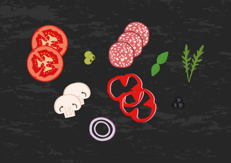 Delicious pizza topping vector illustration. Salami slices, tomatoes, peppers, olives, mushroomsのイラスト素材