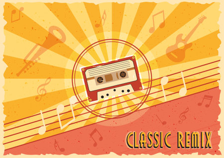 Old Vintage Musical Background. Old Tape, Guitar, Trumpet, Musical Notes Vector Illustrationのイラスト素材