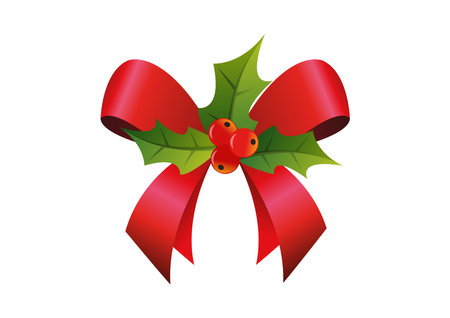 Christmas Ribbon On White Background Vector.  Christmas Holly Ribbon Decorationのイラスト素材