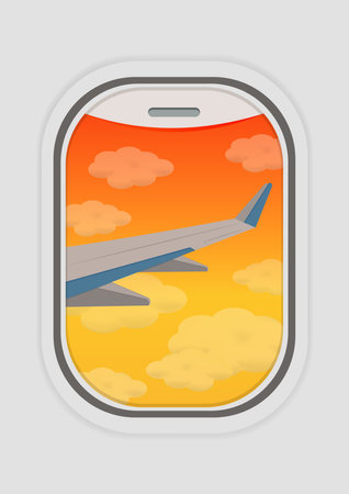 Airplane window view vector illustration. Plane wing viewのイラスト素材