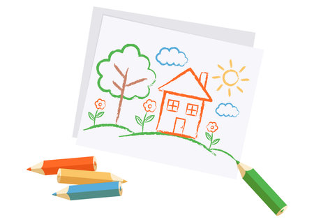 Child Drawing Clipart Vector Illustration. Colored Crayons for Childrenのイラスト素材