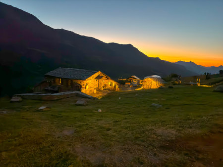 Mountain sunset view with ancient housesの写真素材