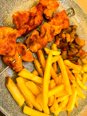 Delicious chicken skewers with vegetables and fried potatoesの写真素材