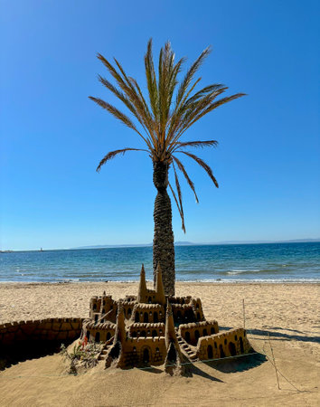 Sandcastle on a beach with palm trees and blue sky on a sunny summer dayの写真素材