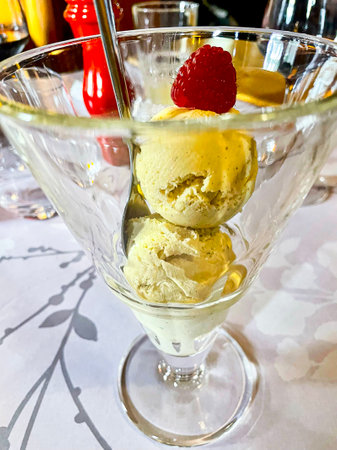 Two scoops of ice cream with raspberry toppingの写真素材