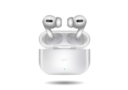 Realistic wireless headphones with charging case vector flat design isolated on white backgroundのイラスト素材