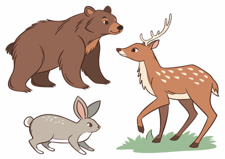 Set of vector cartoon wild animals. Vector Deer, Rabbit and Bear Isolated on white backgroundのイラスト素材