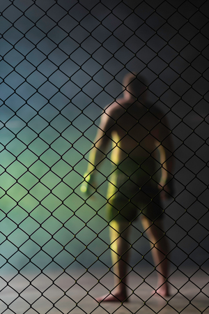 A fighter is standing in smoke inside a cage before fight.の写真素材