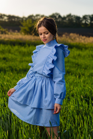 Young woman in blue and white striped dress is looking down while standing in the field of green wheat at a spring afternoon during sunny weather. She is holding her dress with one hand. Her hair is fluttering in the wind.の写真素材