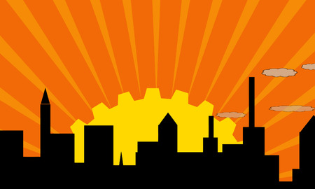 rising sun and industrial cityのイラスト素材
