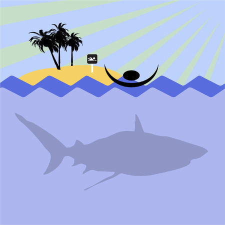 illustration of swiming men in sea and shark のイラスト素材