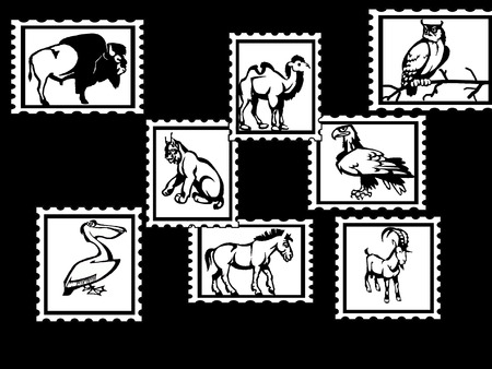 illustration of  icons with wild animals birds and mammals postage stampsのイラスト素材