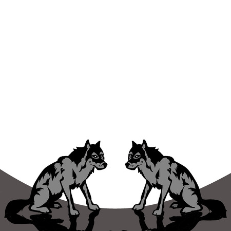 illustration of two sitting wolfs on wild nature
