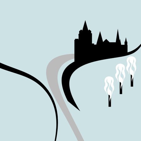 illustration of old town on the rock and roadのイラスト素材