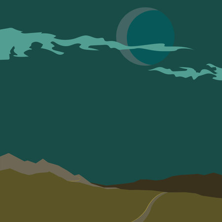 Vector Flat minimalistic aesthetic Night landscapes with mountains on background and road trought hillsのイラスト素材