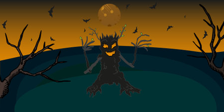Halloween background with a scary zombie in the forest. Vector illustration.のイラスト素材