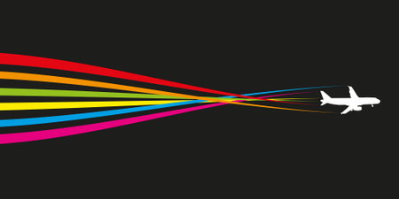 Rainbow LGBT flag among black sky. and airplane in the sky.のイラスト素材