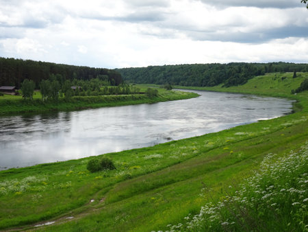 Beautiful Russian Lake River, Summer Evening Nature Landscapeの写真素材