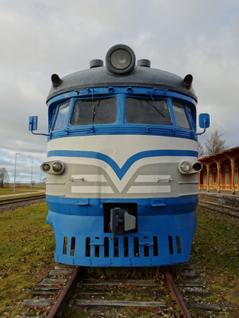 old soviet train antique locomative on railの写真素材