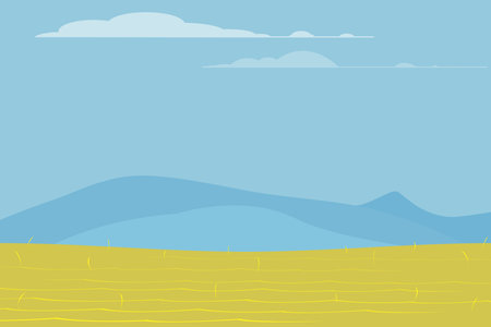 Meadow landscape. Summer green fields view, spring lawn hill and blue sky, green grass fields and wheat fields landscape vector background illustration. Field grass, meadow landscaのイラスト素材