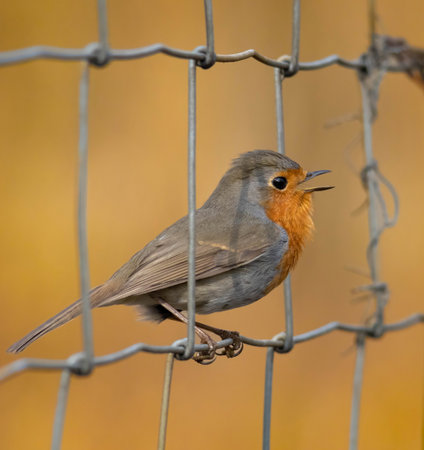 European robin perching on the branch with clear brown background. Robin redbreast (Erithacus rubecula) is small brownishの写真素材