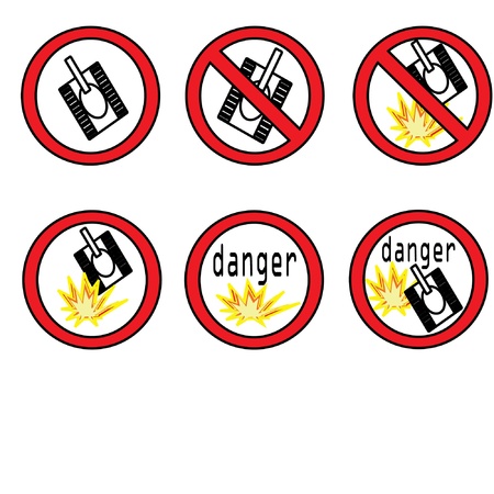 Prohibitory signs with the image of the explosion and the tank