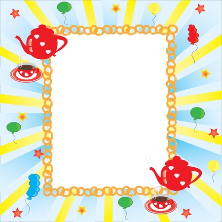 Picture frame, Red coffee pot and cup, many balloonsのイラスト素材