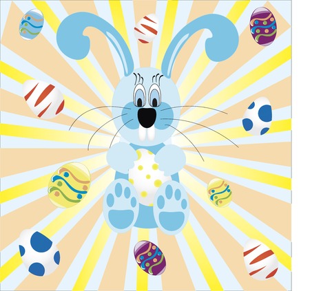 Background with hanging eggs, rabbits and landscape, illustration. Happy easter greeting cardのイラスト素材