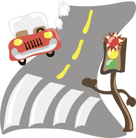 Shining traffic light and car in the forest roadのイラスト素材