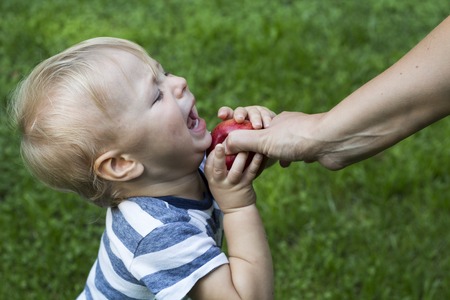the child cries and does not give an apple.の写真素材