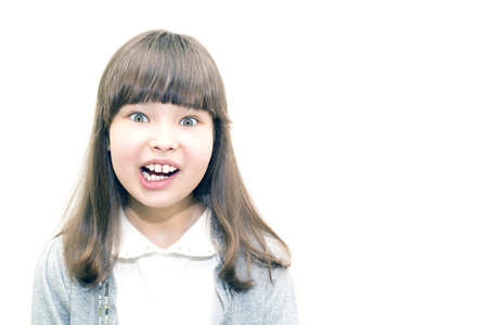 Beautiful girl with a frightened look on a white background.