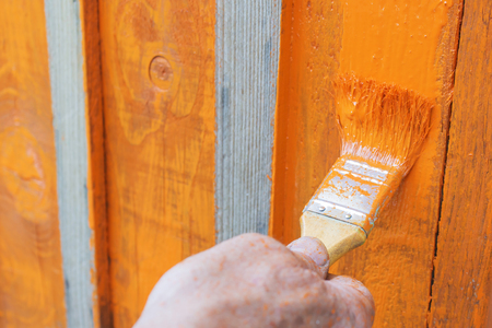 Tassel in bright orange paint, paint the tree.の写真素材